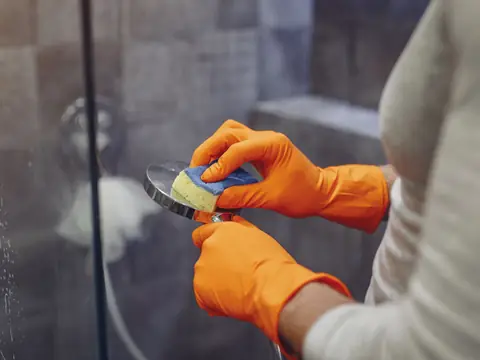 Gloved hands scrubbing a shower head with a sponge