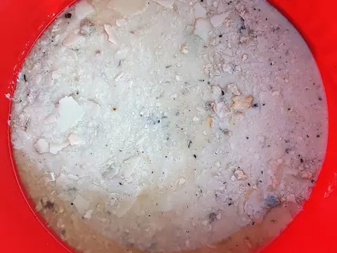 Lumps of limescale in a red bucket