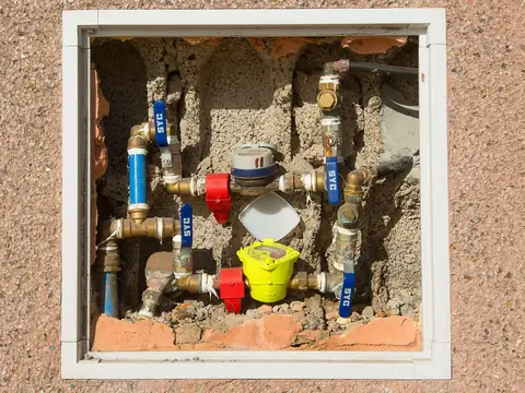 Water meters and valves set in a wall box